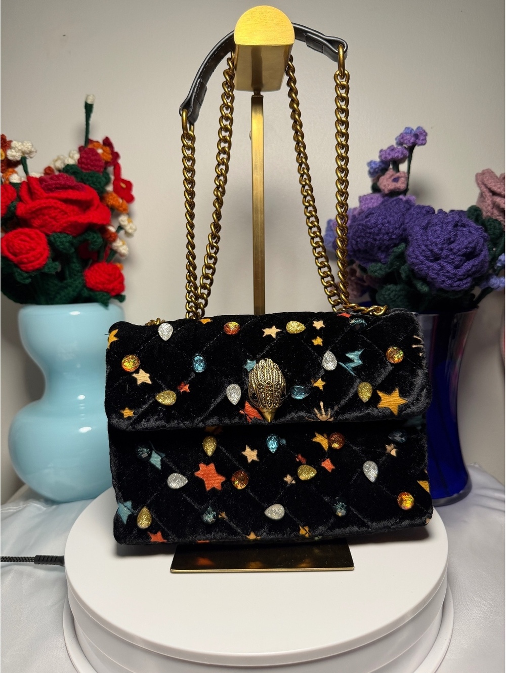 Kurt Geiger Black Velvet Quilted Bag with Colorful Stars and Crystals EUC
